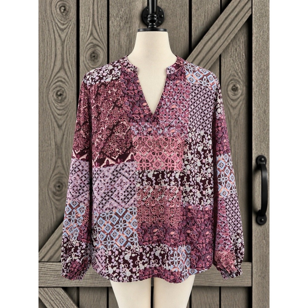 Belle Boho By Kim Gravel Artisan Peasant Blouse Patchwork Wine Plum Size Large